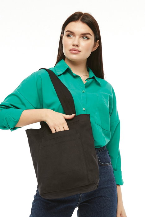 Zoozie Bags Bolso Tote 2116, Bolso de Mano de Gabardina 100% Negro con 2 Bolsillos Exteriores, 33 x 45 x 10 cm